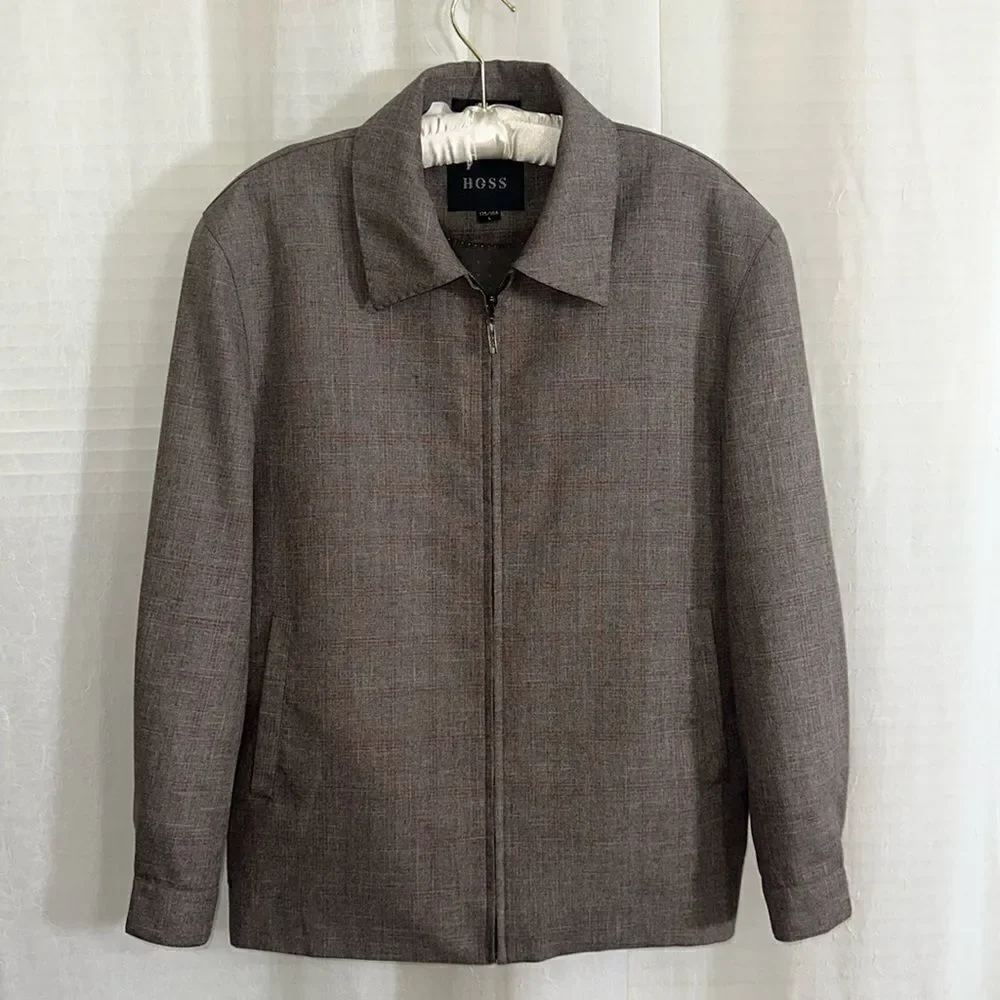 HGSS L Men’s Houndstooth Plaid Brown Full Zip Dress Wool Blend Jacket